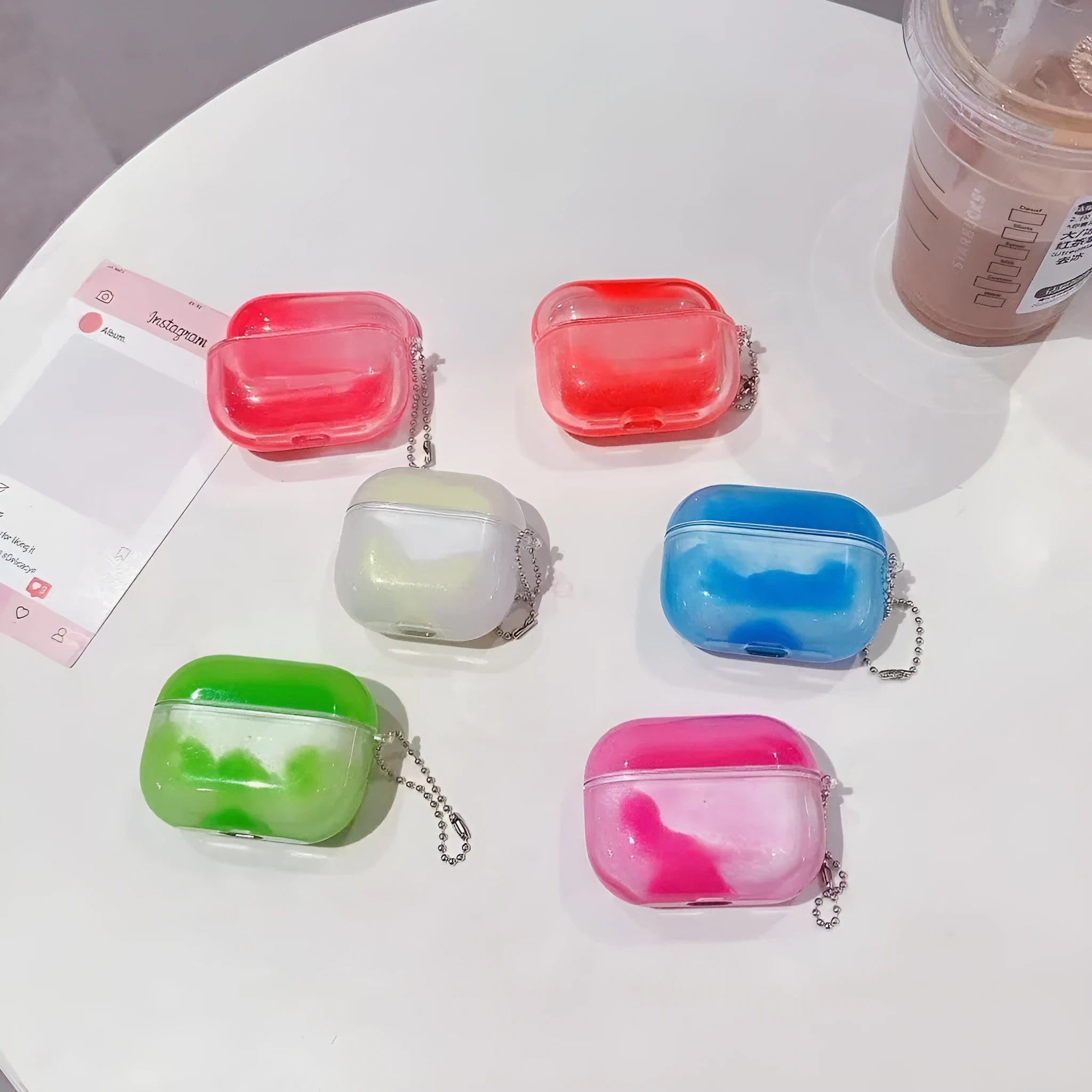 Fluorescent quicksand liquid luminous TPU earphone case with carabiner for AirPods, pink colour option
