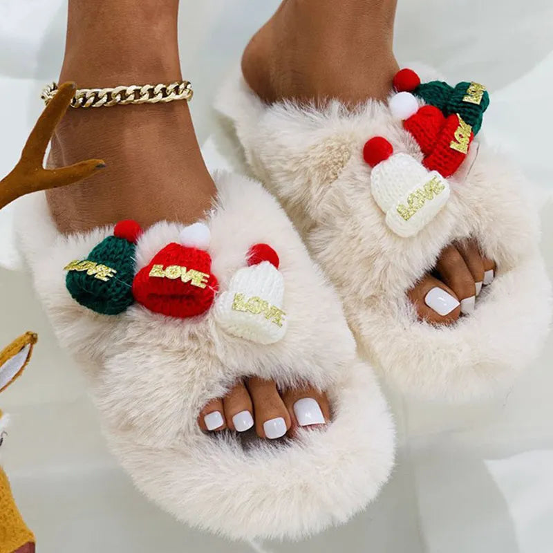 Women's Christmas hat decoration faux plush slippers with rubber sole in black, khaki, or white.