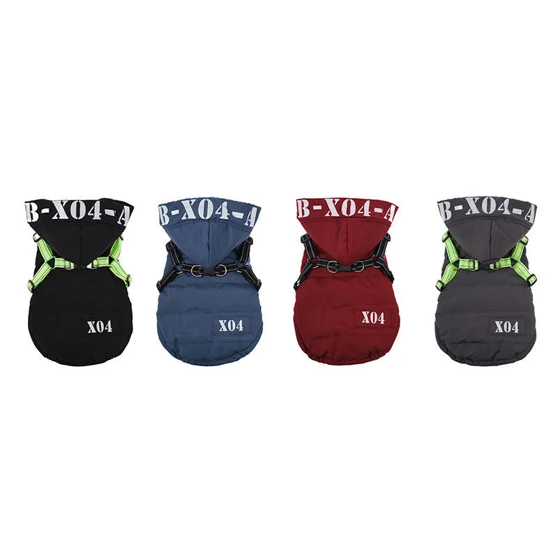 Red fleece-lined waterproof dog jacket with hood for winter wear on medium-sized dog