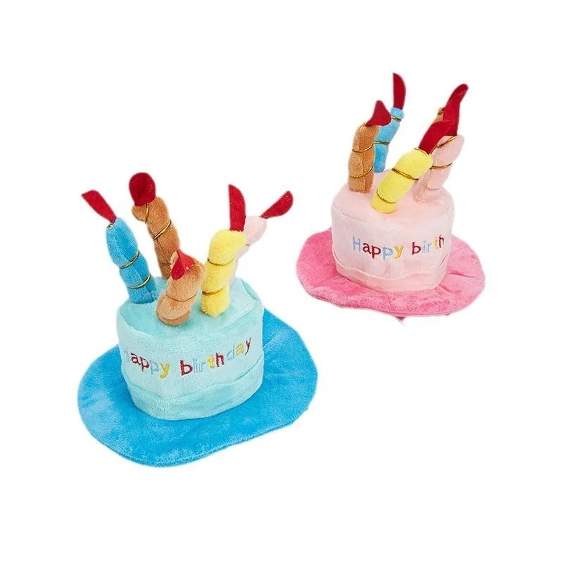 Blue or pink dog birthday hat with elastic chin strap measuring 21x15x6.5cm