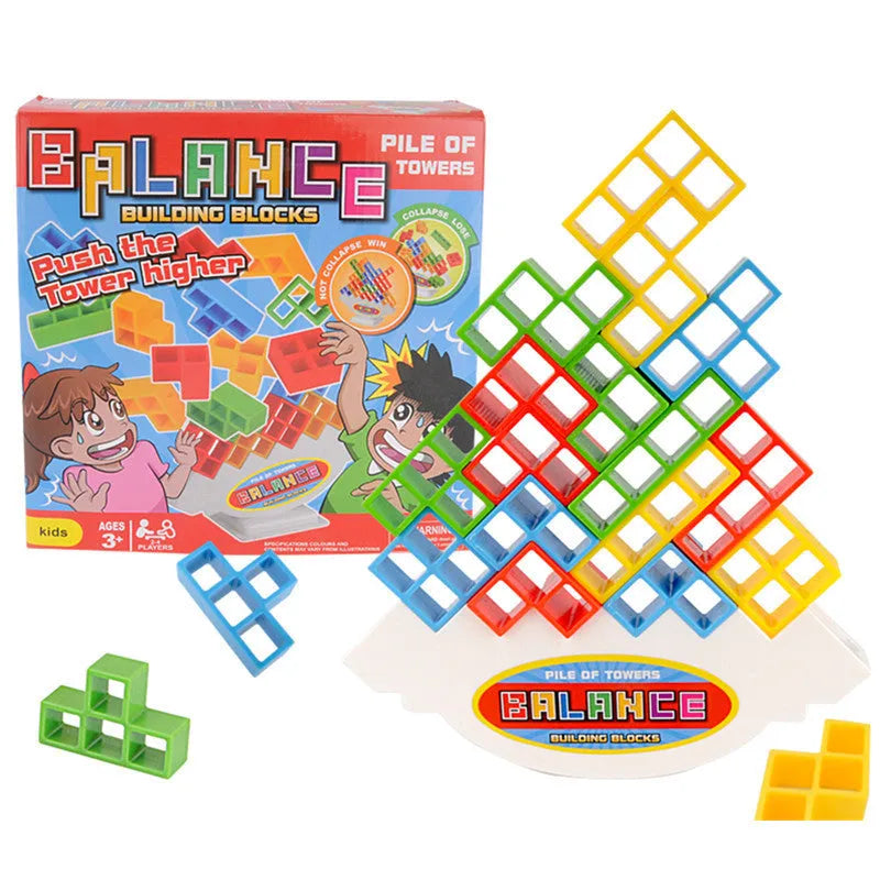 Balance stacking board game with plastic building blocks, chassis, and base for family play