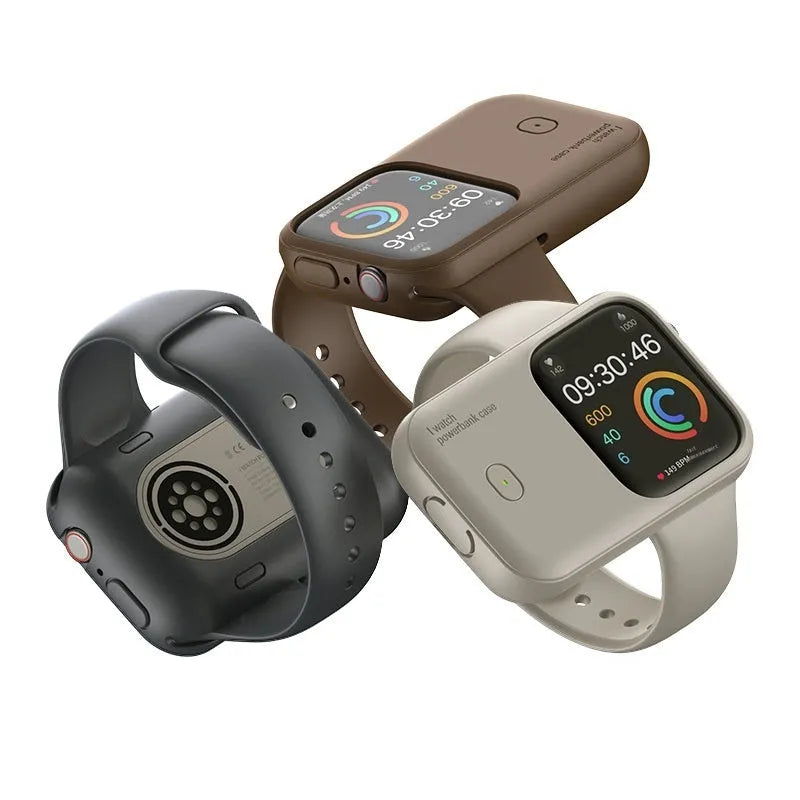 Apple Watch portable wireless charging case with silicone protective cover in Brown, Midnight Blue, or Starlight.