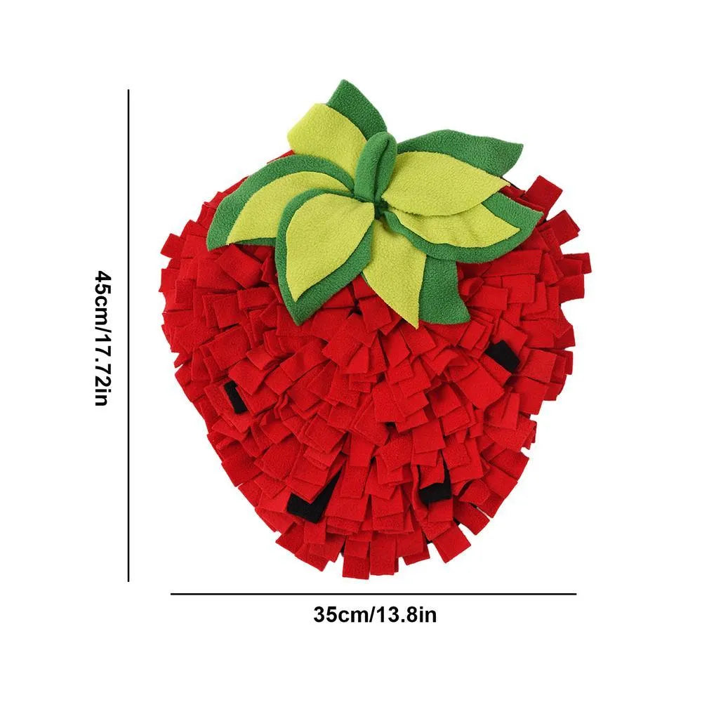 Red and green strawberry-shaped pet sniffing mat for slow feeding dogs and cats.