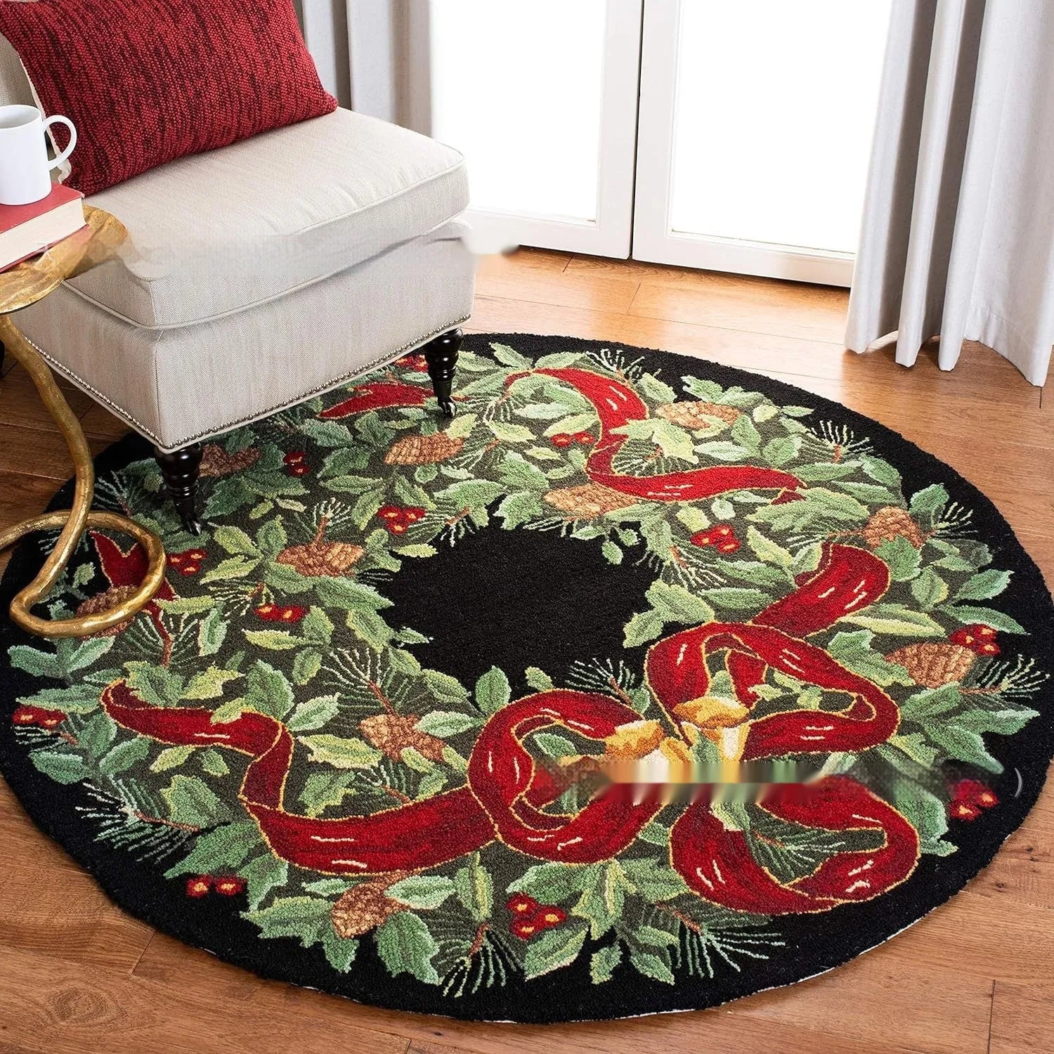 Round red and green Christmas pattern carpet on a wooden floor.