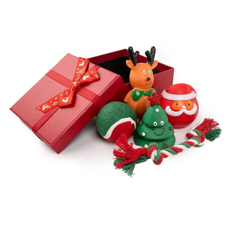 Christmas dog toys set with vinyl Christmas tree, bite rope, tennis ball and Santa toy for pet play
