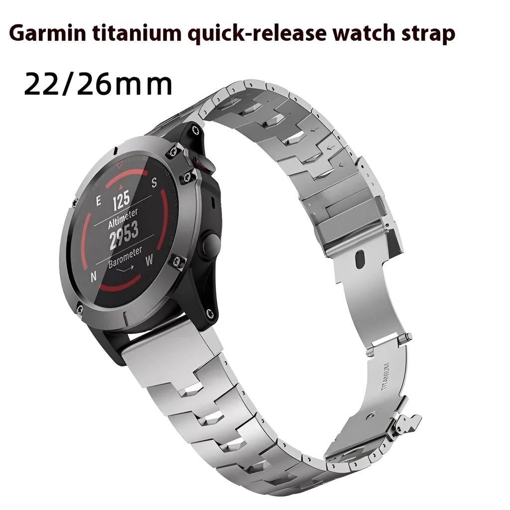 Replacement strap for Garmin Fenix watches in silver, black and titanium colours with 22mm and 26mm width options