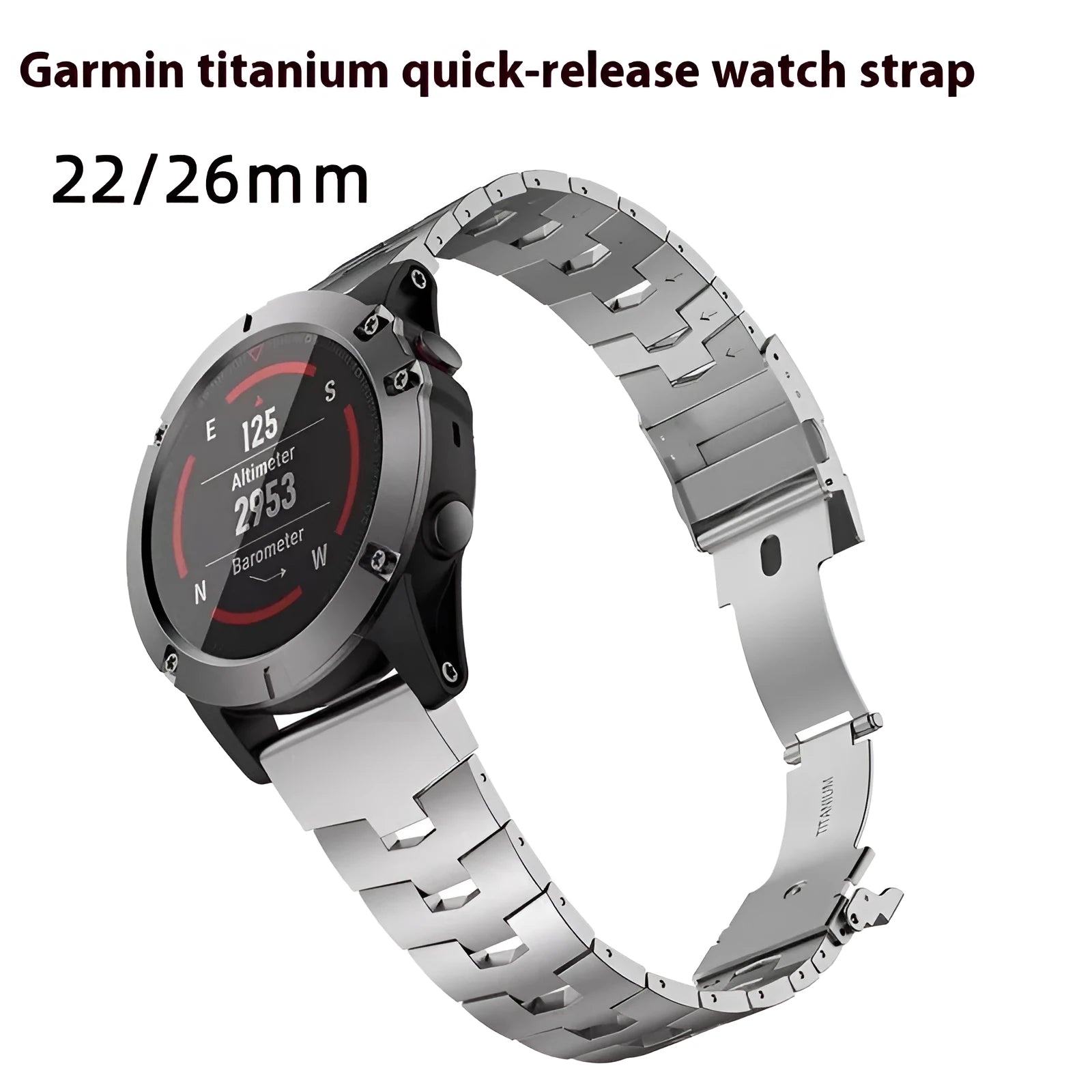Replacement strap for Garmin Fenix watches in silver, black and titanium colours with 22mm and 26mm width options
