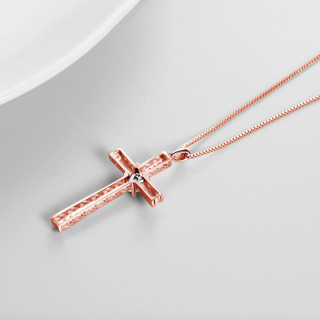 Rose gold plated cross necklace on 925 silver chain with birthstone pendant for women