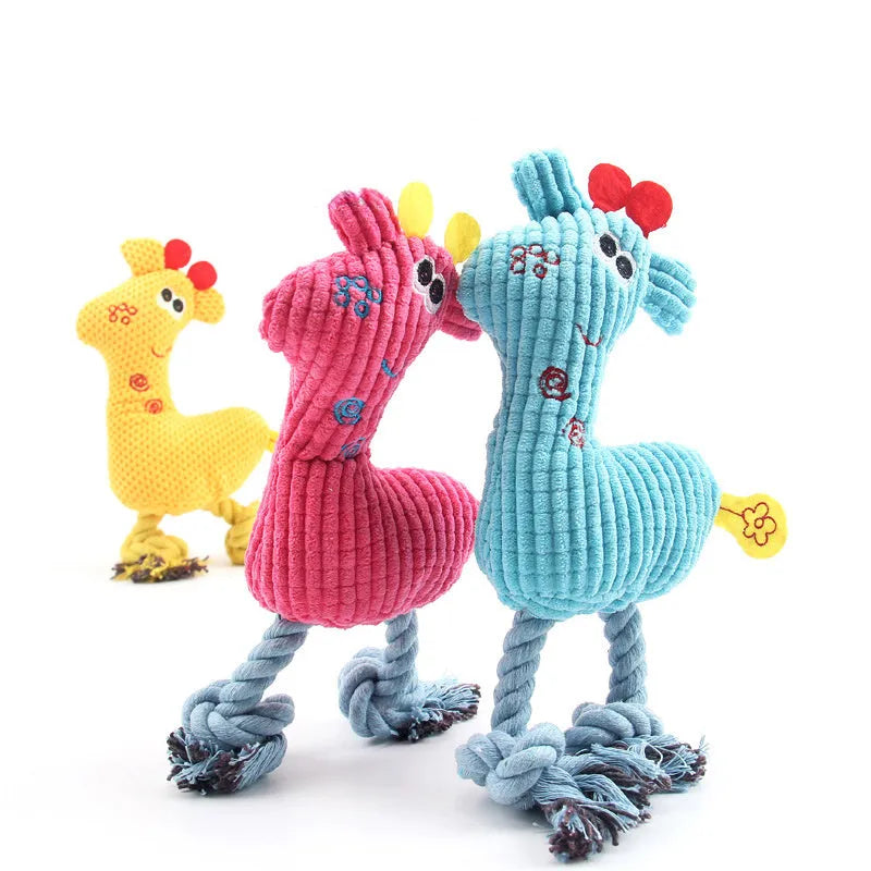 Deer shaped plush dog toy with corn grain texture in blue, pink, and yellow colours
