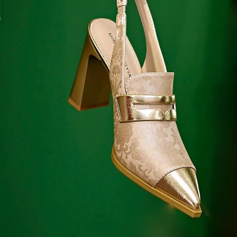Korean style chunky heel sandals with pointed toe and high-cut elastic strap in three colours