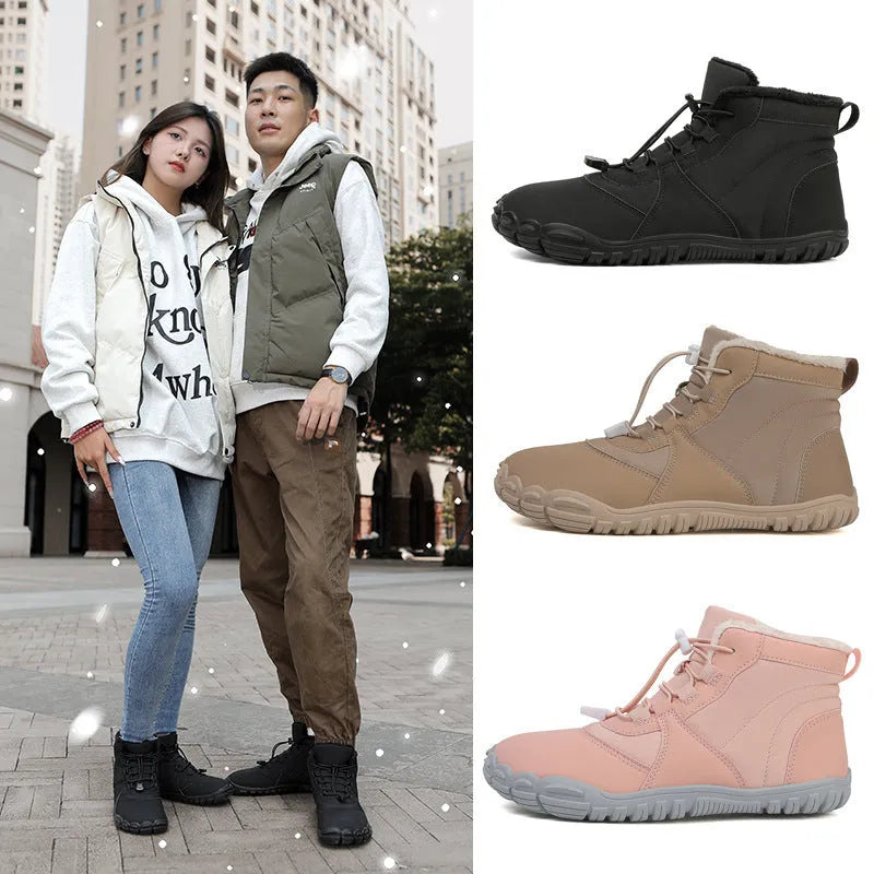 Waterproof fleece-lined outdoor snow boots with round toe and front lace-up in black, khaki, or pink.