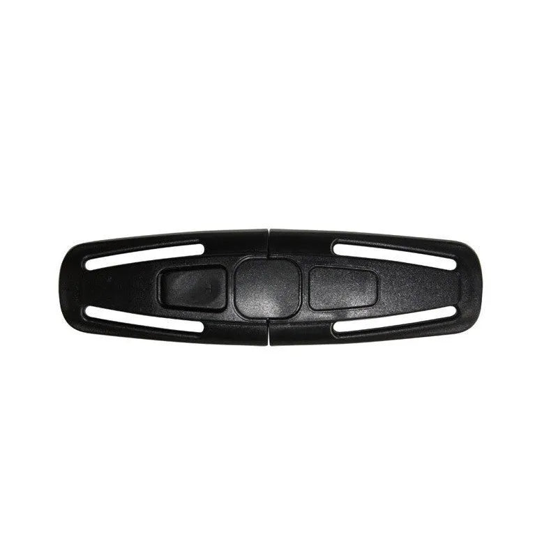 Black nylon child safety seat belt clip for five-point harness systems measuring 14.5cm