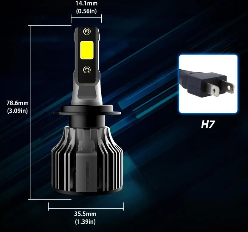 Car LED headlight bulb kit showing 6000K white light, 72W high power, and plug-and-play connectors.