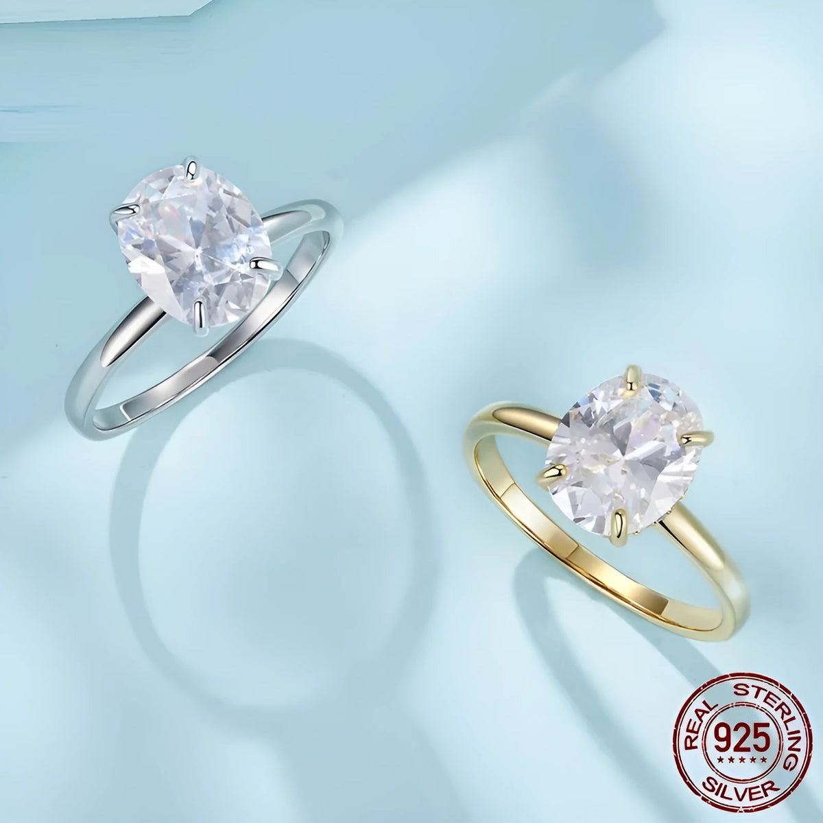Oval cut 35 karat zircon engagement ring in silver with gold or silver electroplating, US sizes 6 to 8.