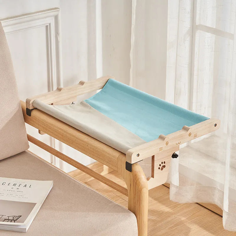 Wooden cat hanging bed hammock suspended with adjustable straps in one of seven available styles