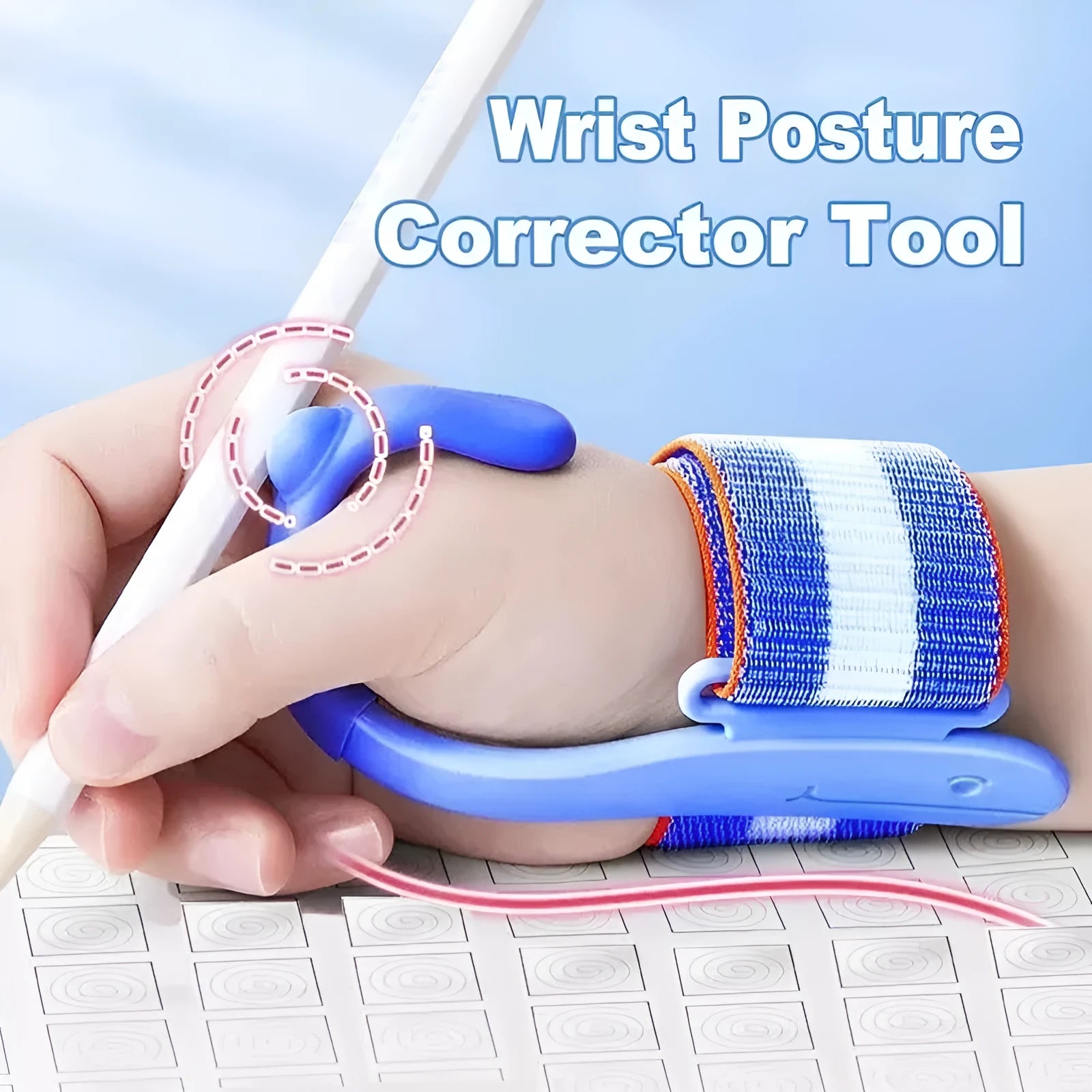Blue anti-hook wrist brace and pen control corrector set for children's handwriting training