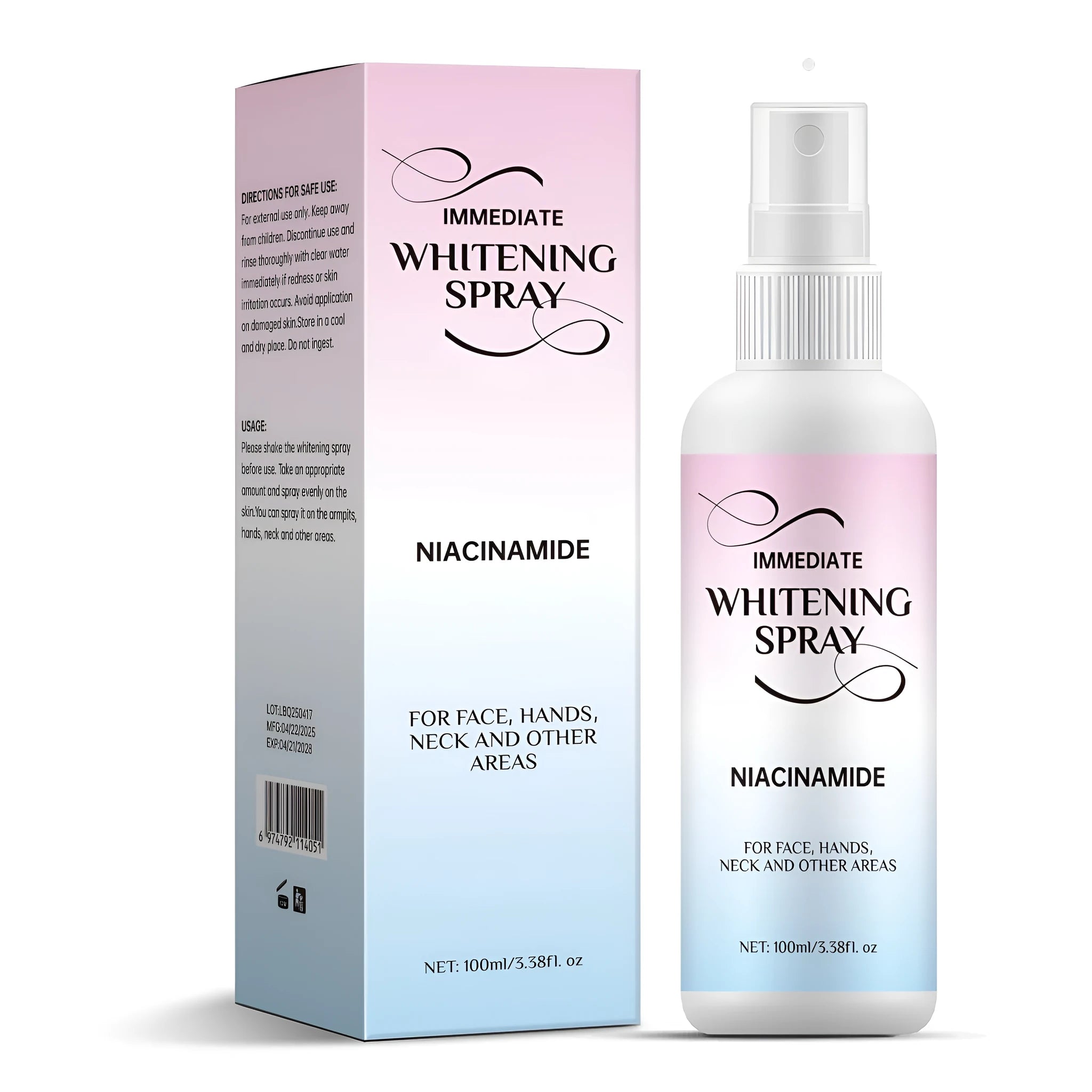 Whitening body spray bottle with pump dispenser, 100ml net content, rectangular design