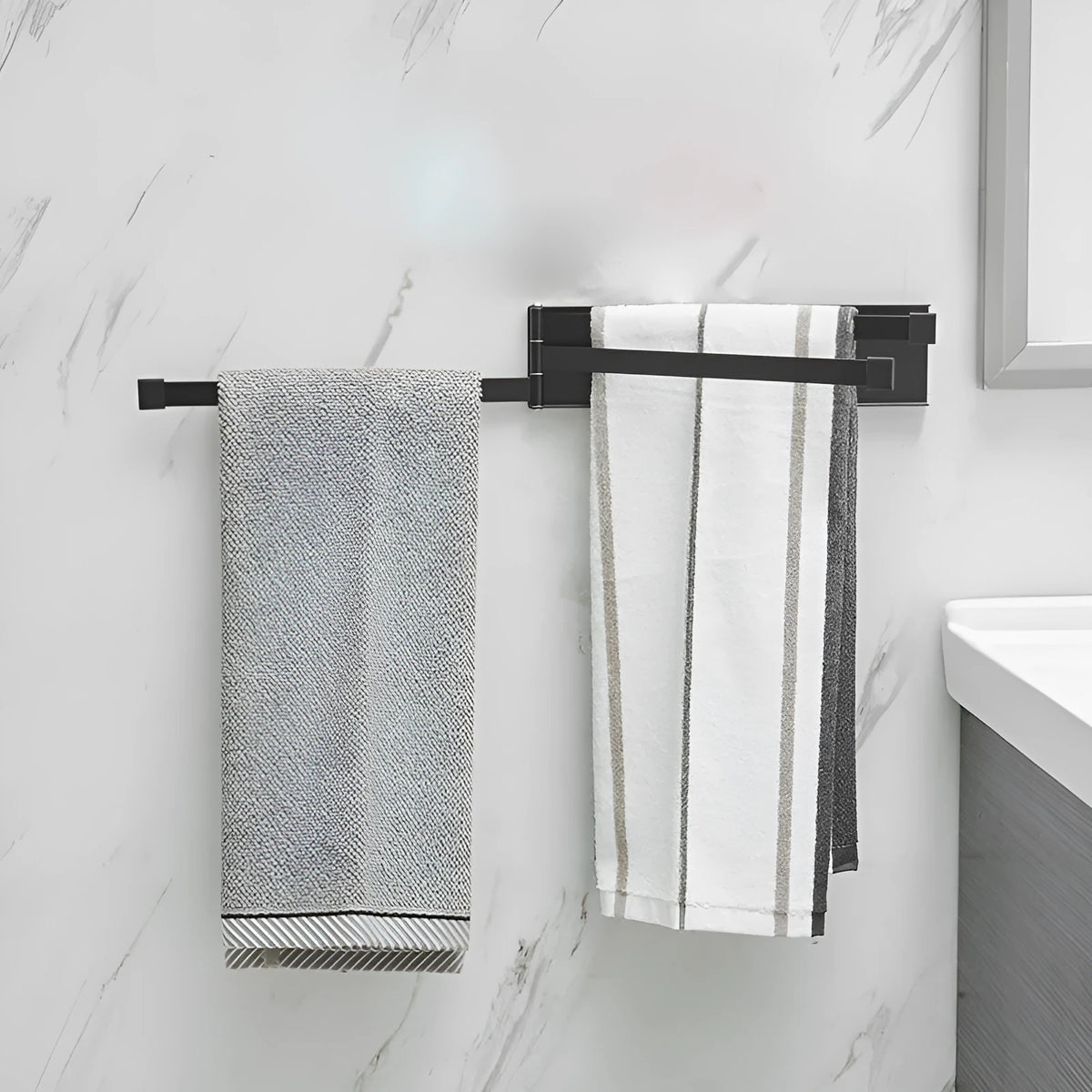 Nordic non-perforated folding towel rack in black or white for bathroom installation without drilling
