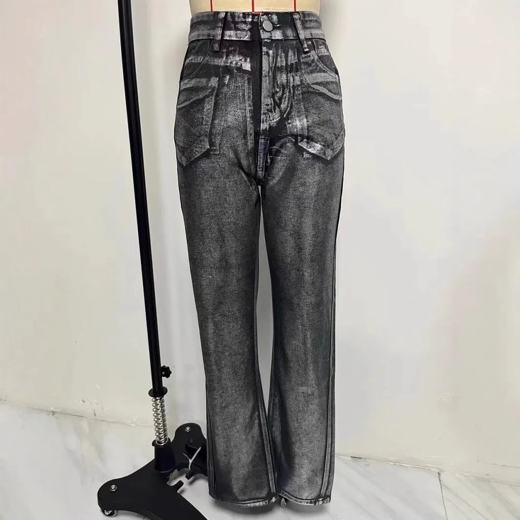 High waisted straight leg jeans in blue, silver or black with contrast colour street hipster style
