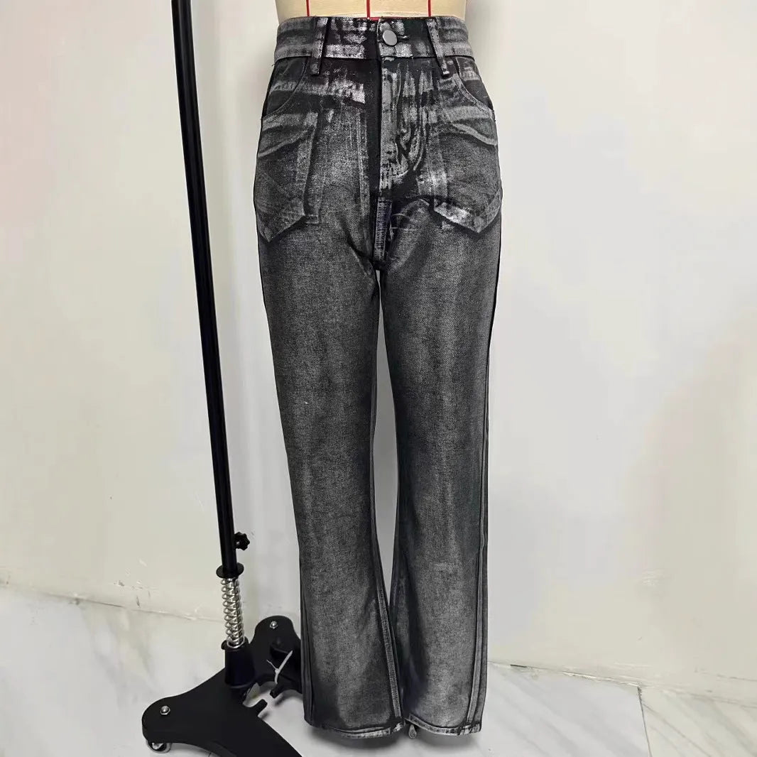 High waisted straight leg jeans in blue, silver or black with contrast colour street hipster style