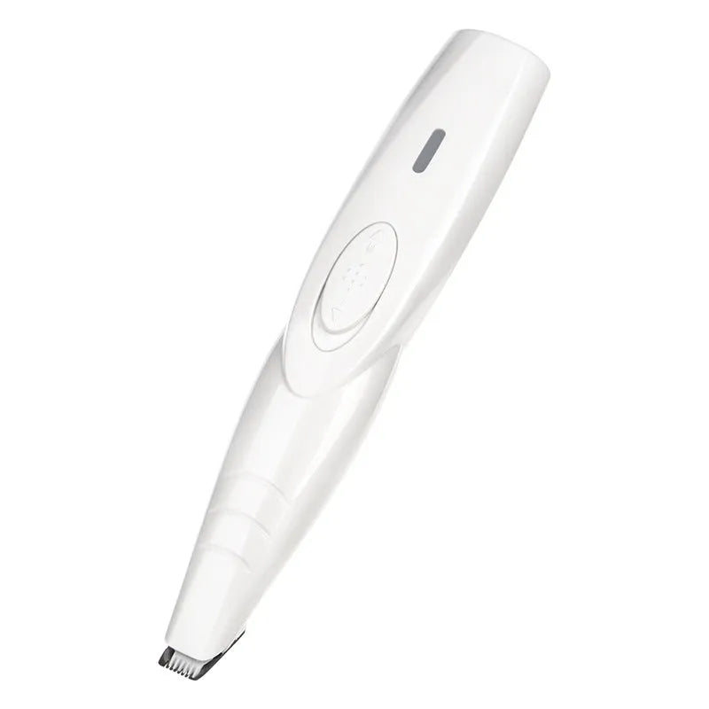 White rechargeable pet grooming trimmer with ceramic blade, USB charging and compact 16cm body for paw and foot trimming