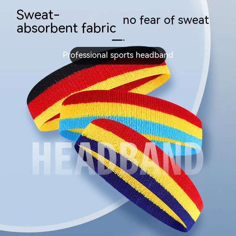 Sports headband in various colour combinations showing 5.5cm width and 20cm length dimensions