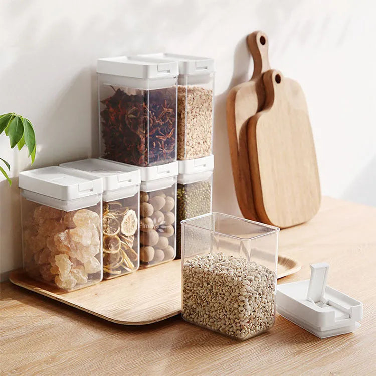 White Japanese-style transparent plastic grain storage container with 400ml capacity