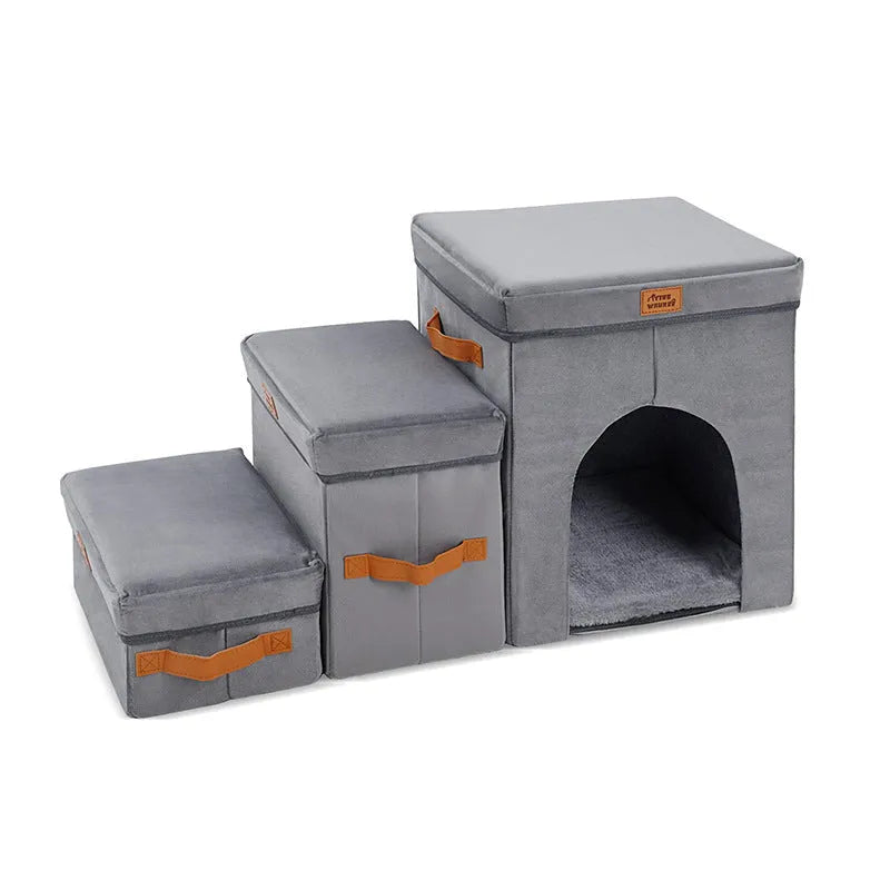 Grey foldable cloth pet storage stairs with dog climbing up 2-step Velcro design