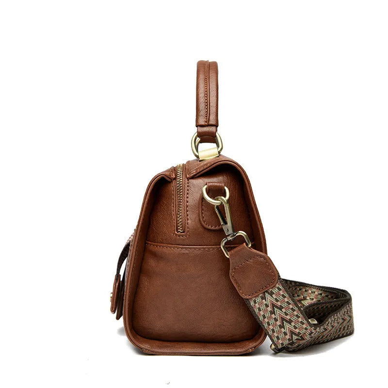 Women's soft PU retro crossbody bag in horizontal square shape with sandwich pocket exterior