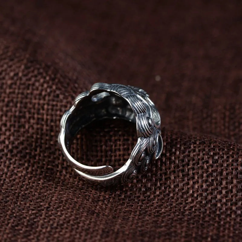 Personalised Jibeast pattern silver open ring with zodiac animal engraving and adjustable band