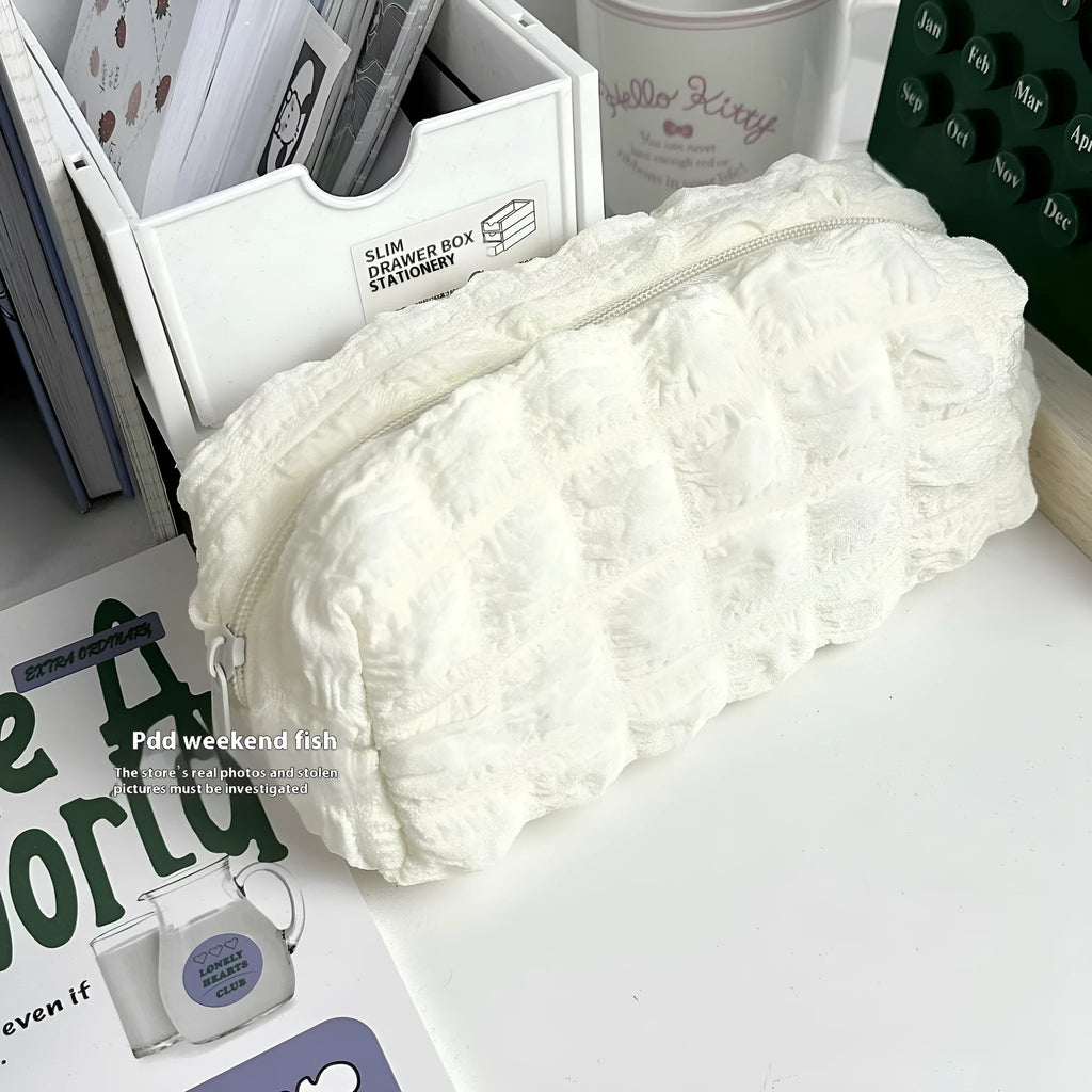 Cream puff design polyester pencil case in beige or black colour for stationery organisation