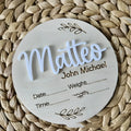 15cm square wooden newborn name label with engraved birth information on plywood