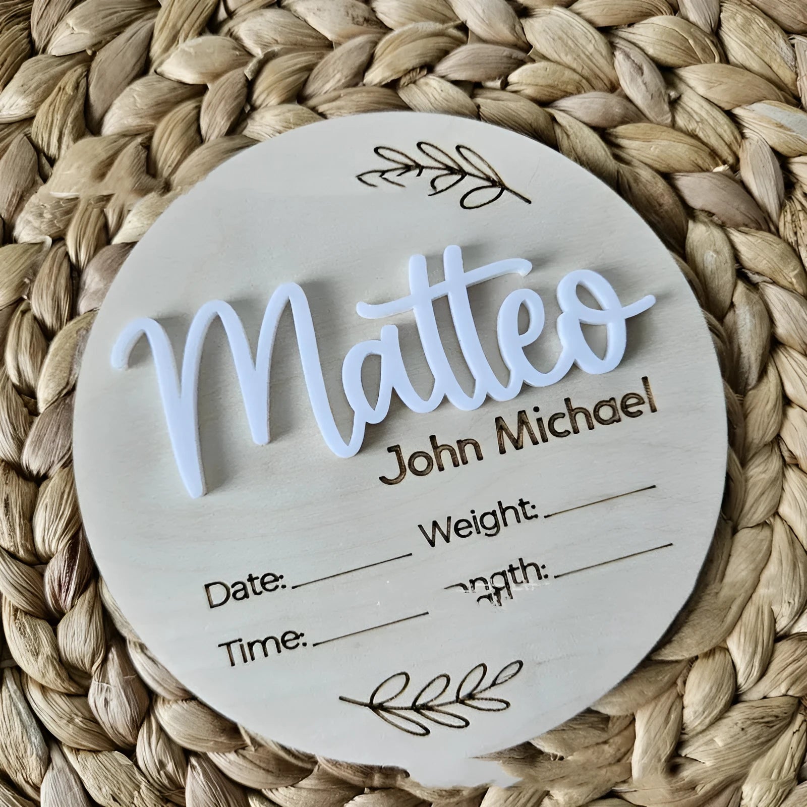 15cm square wooden newborn name label with engraved birth information on plywood