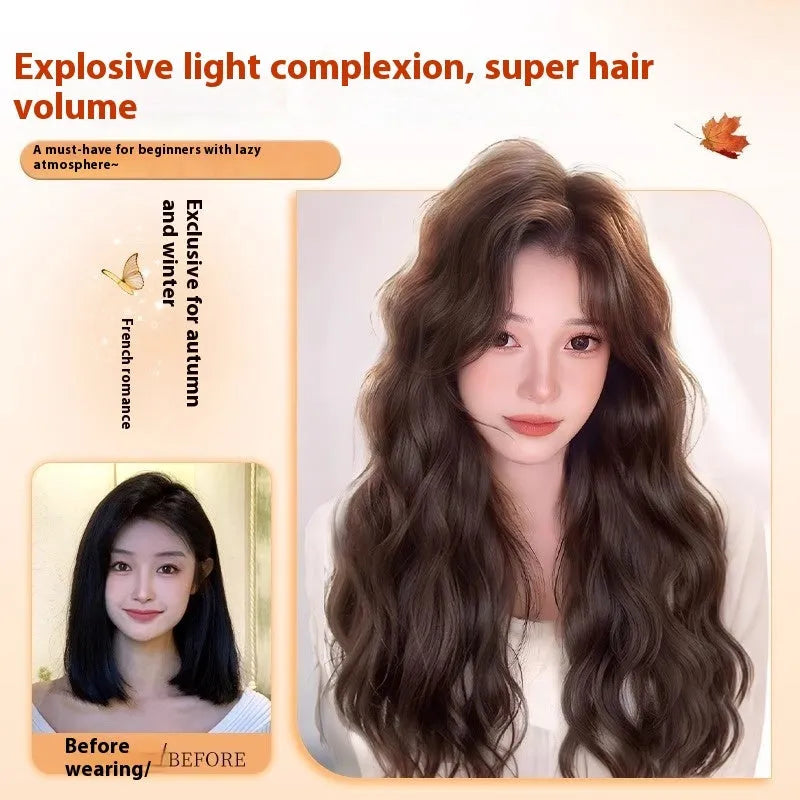 Full-head long curly artificial hair wig with side bangs in brown black colour.