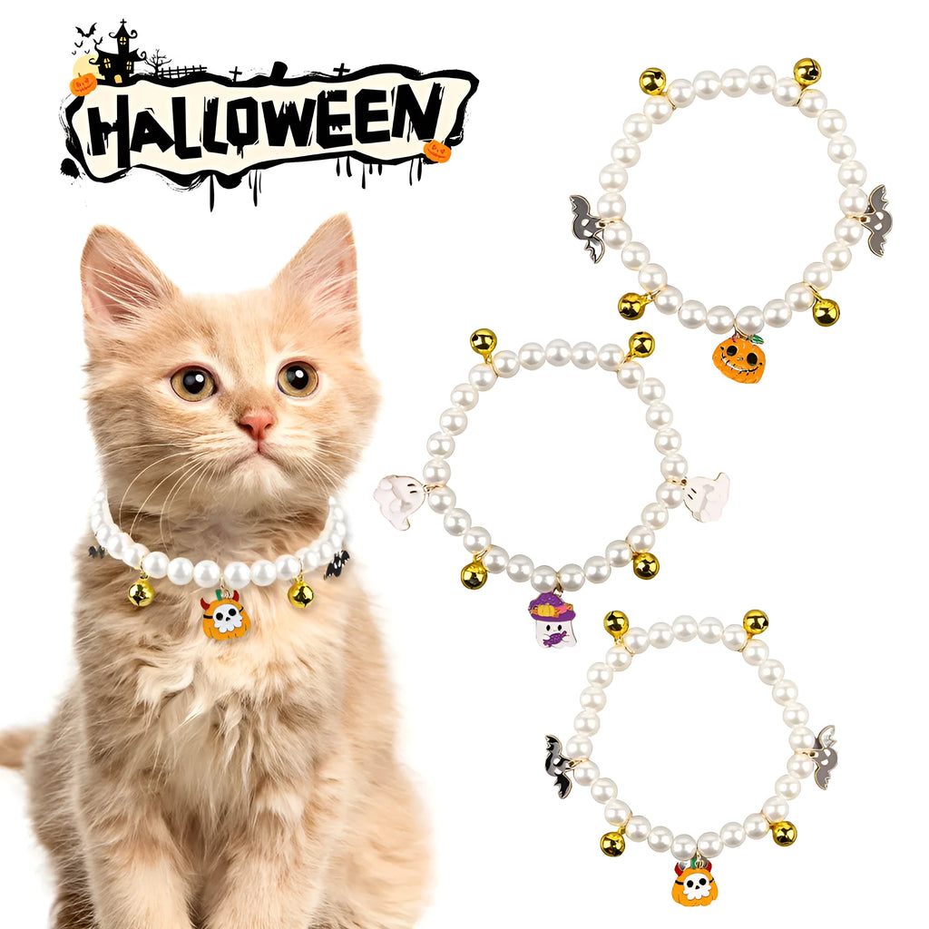 Halloween cat collar with pearl necklace decoration showing three pumpkin design variations