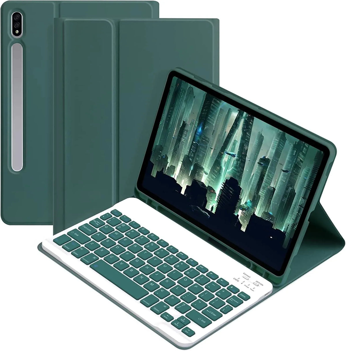 Samsung Galaxy Tab in a TPU case with a Bluetooth keyboard and charging mouse in Dark Green.