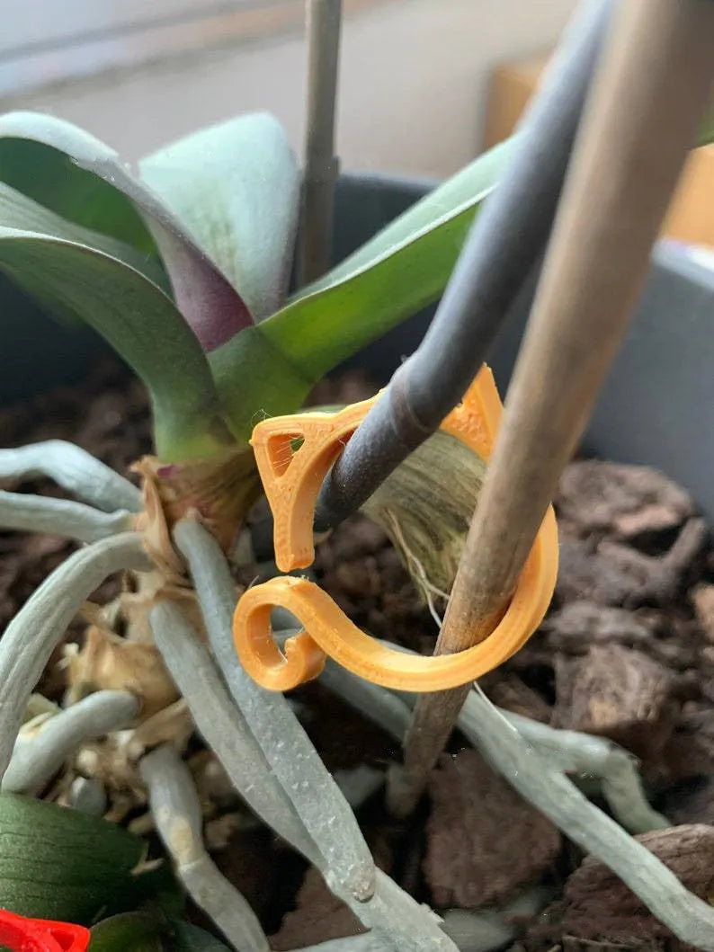 Cat-shaped plastic plant clip in four colours: red, yellow, green and white