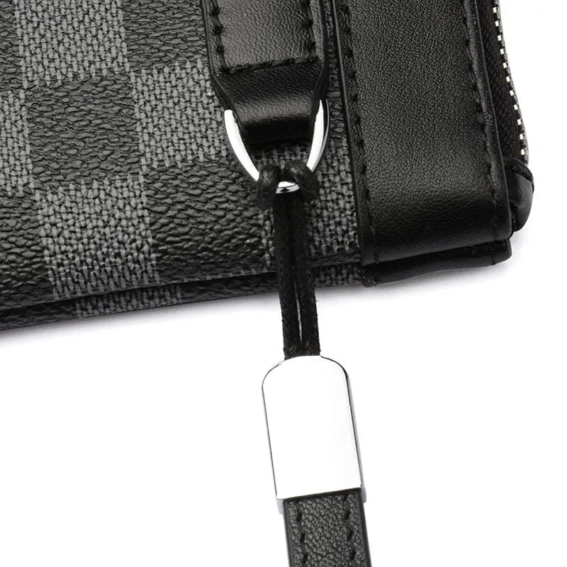 Men's black leather plaid clutch wallet made from genuine cowhide leather
