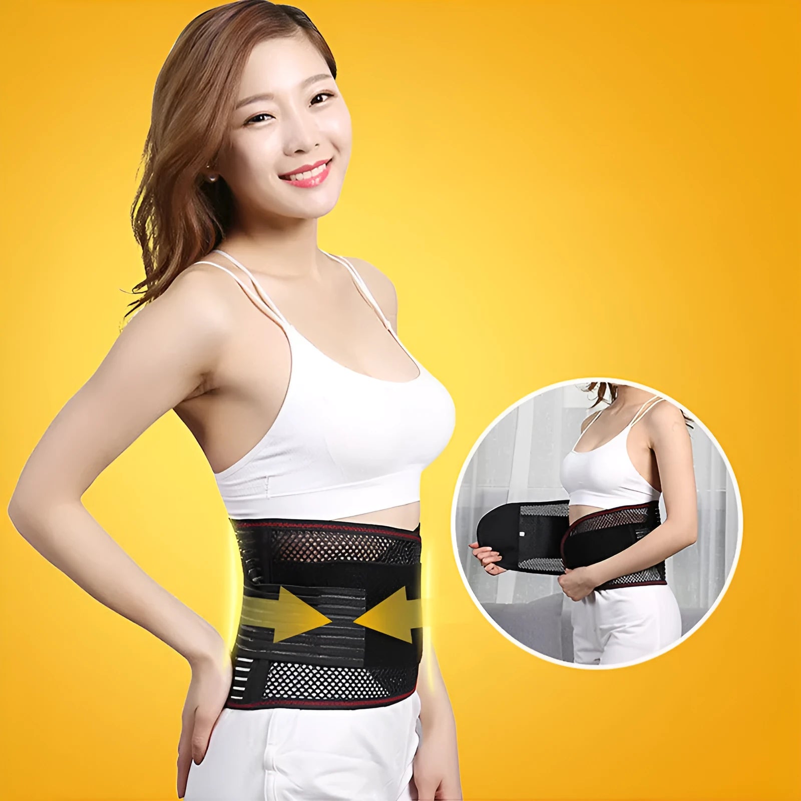 Black breathable sports waist support with steel plate for lumbar decompression, shown with size tags.
