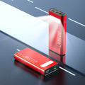 Alloy shell portable power bank in four colours showing LCD display and LED flashlight