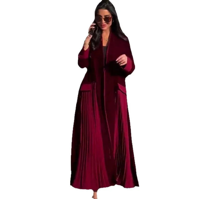 Women's wine red pleated stitching coat with long sleeves, street hipster style, sizes S to XXL.
