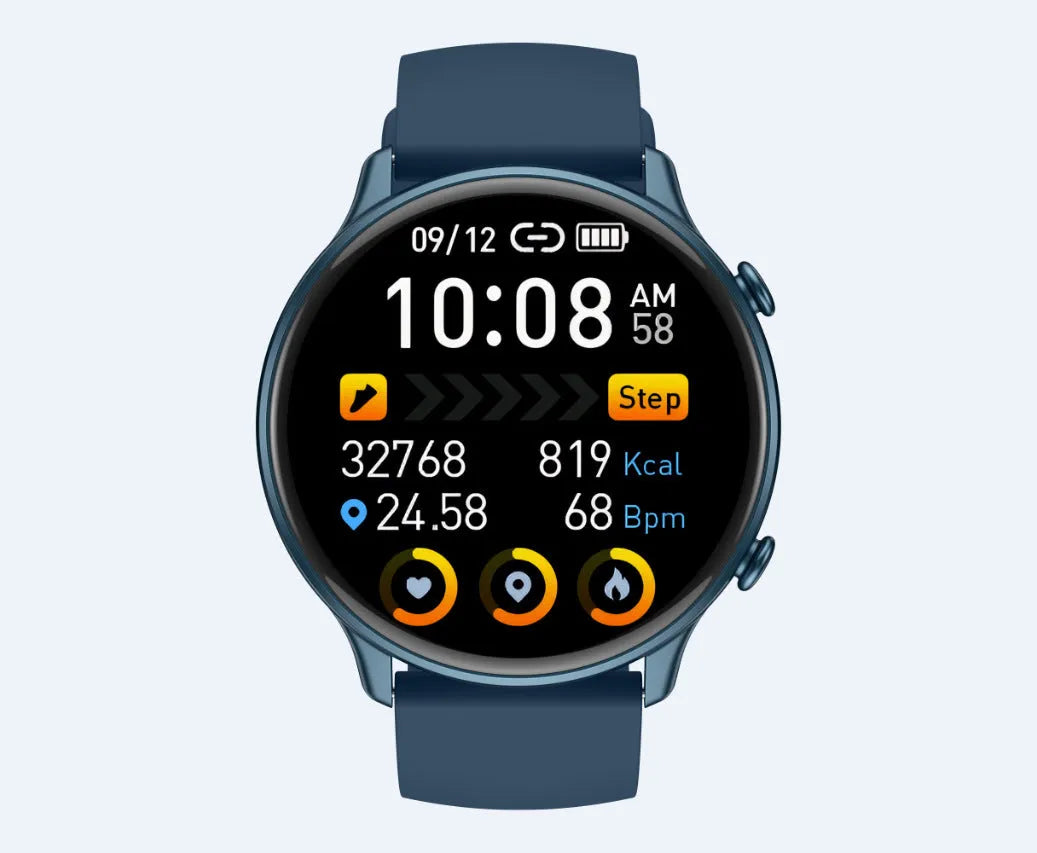 Round smart sports watch with touch screen on silicone strap showing heart rate display