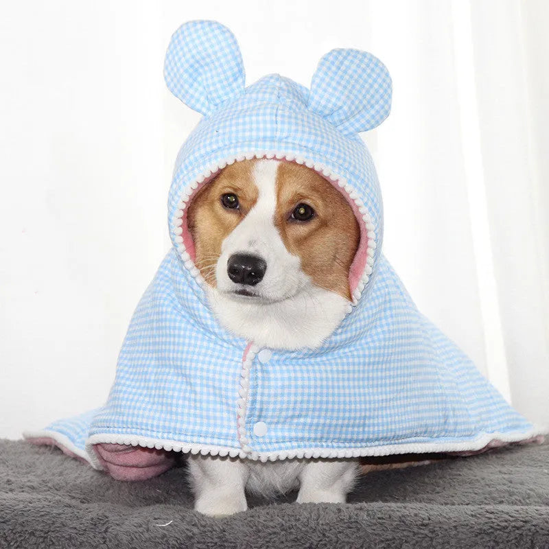 Cotton plaid dog and cat cloak pyjamas in pink or blue grid, sizes S to 2XL