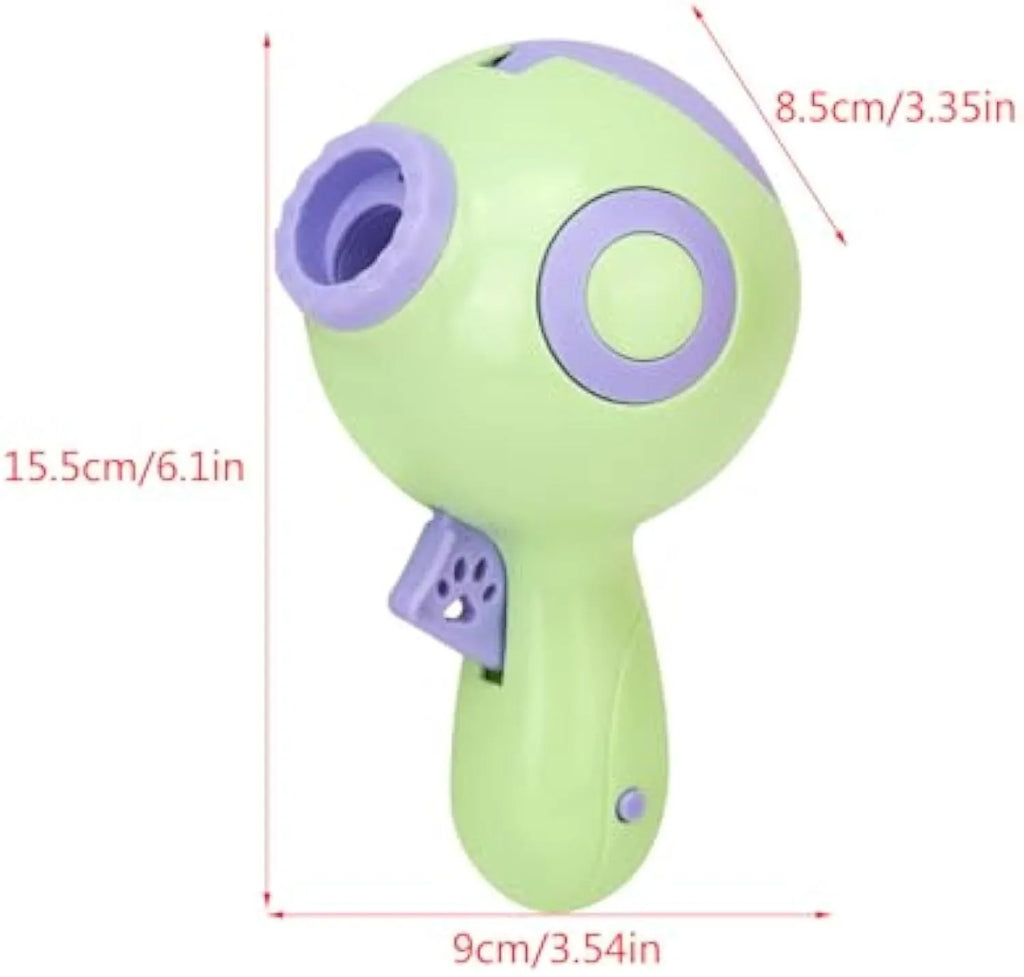 Green, orange, and pink interactive dog treat launcher toy measuring 15.5cm by 9cm by 8.5cm