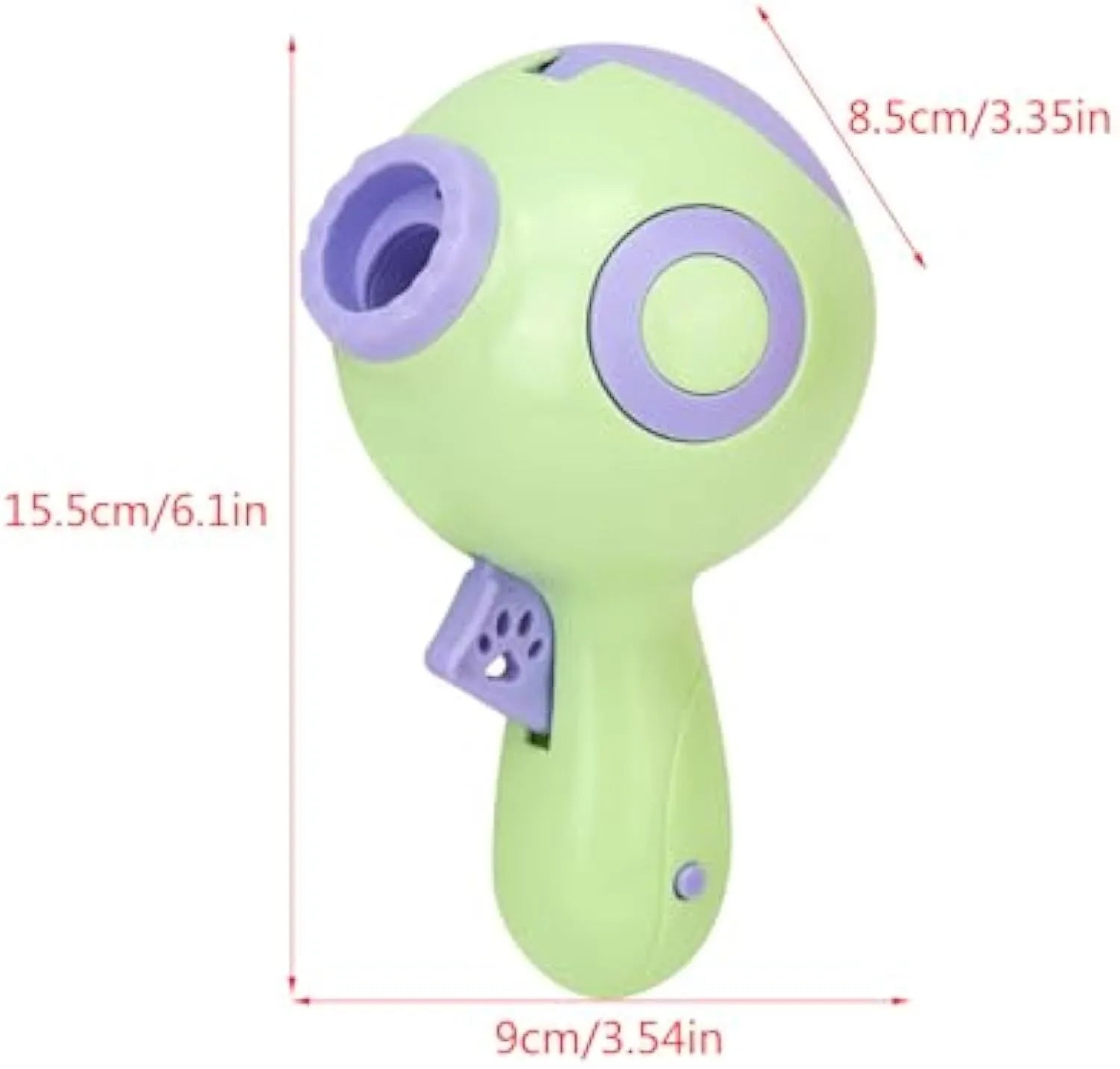 Green, orange, and pink interactive dog treat launcher toy measuring 15.5cm by 9cm by 8.5cm