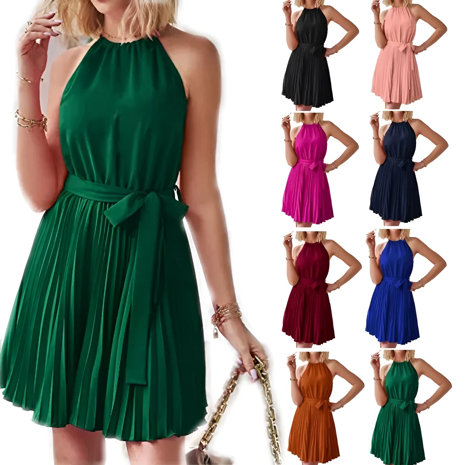 Women's black halter neck strapless sundress with pleated midi skirt and adjustable waist belt.