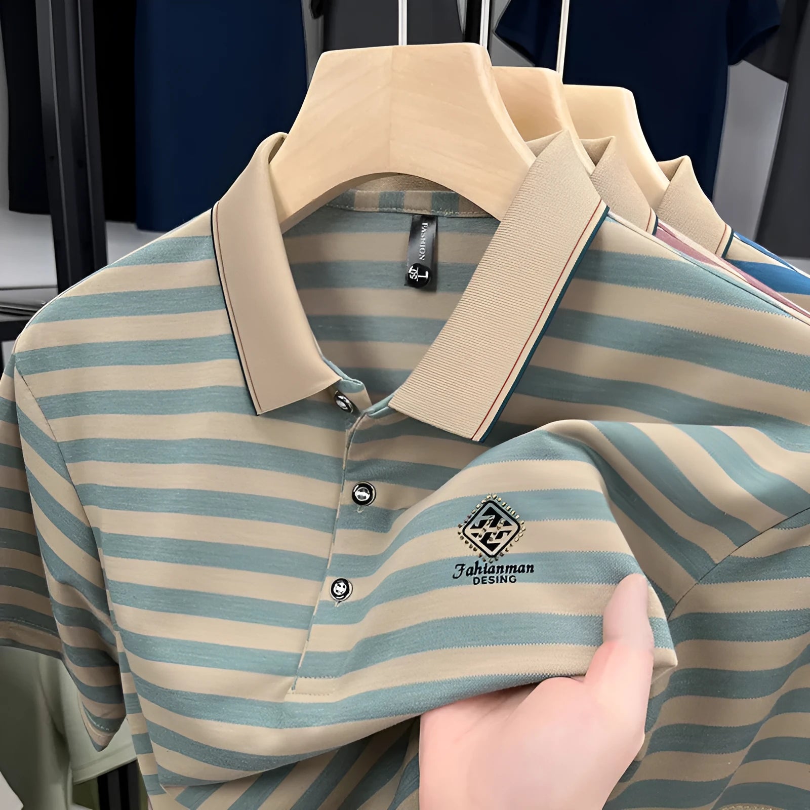 Men's red striped casual short sleeve shirt with a mosaic pattern on a mannequin.