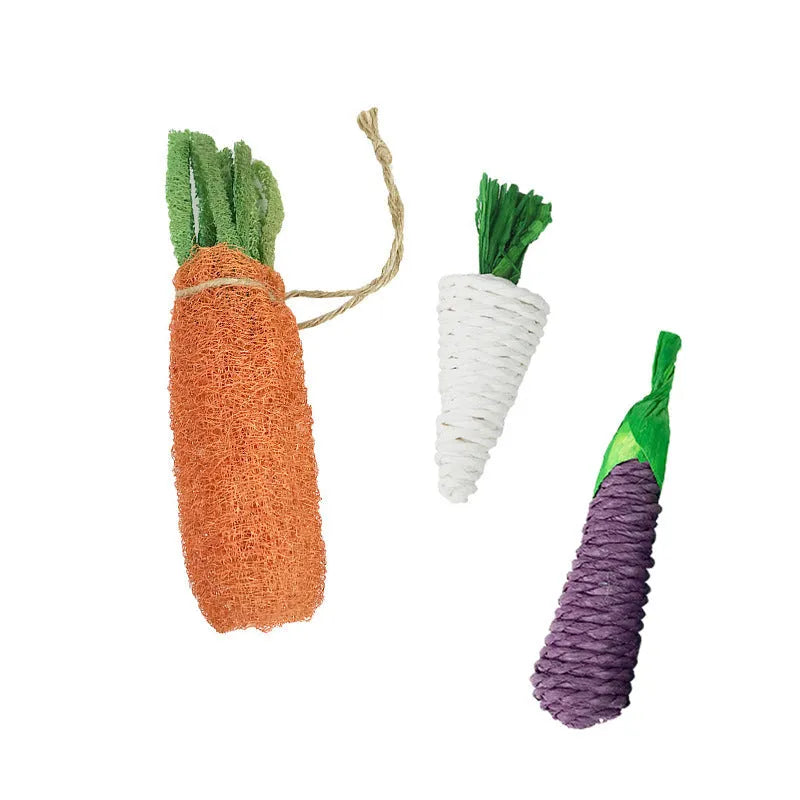 Natural loofah carrot chew toy 20cm for small pets, woven texture on white background