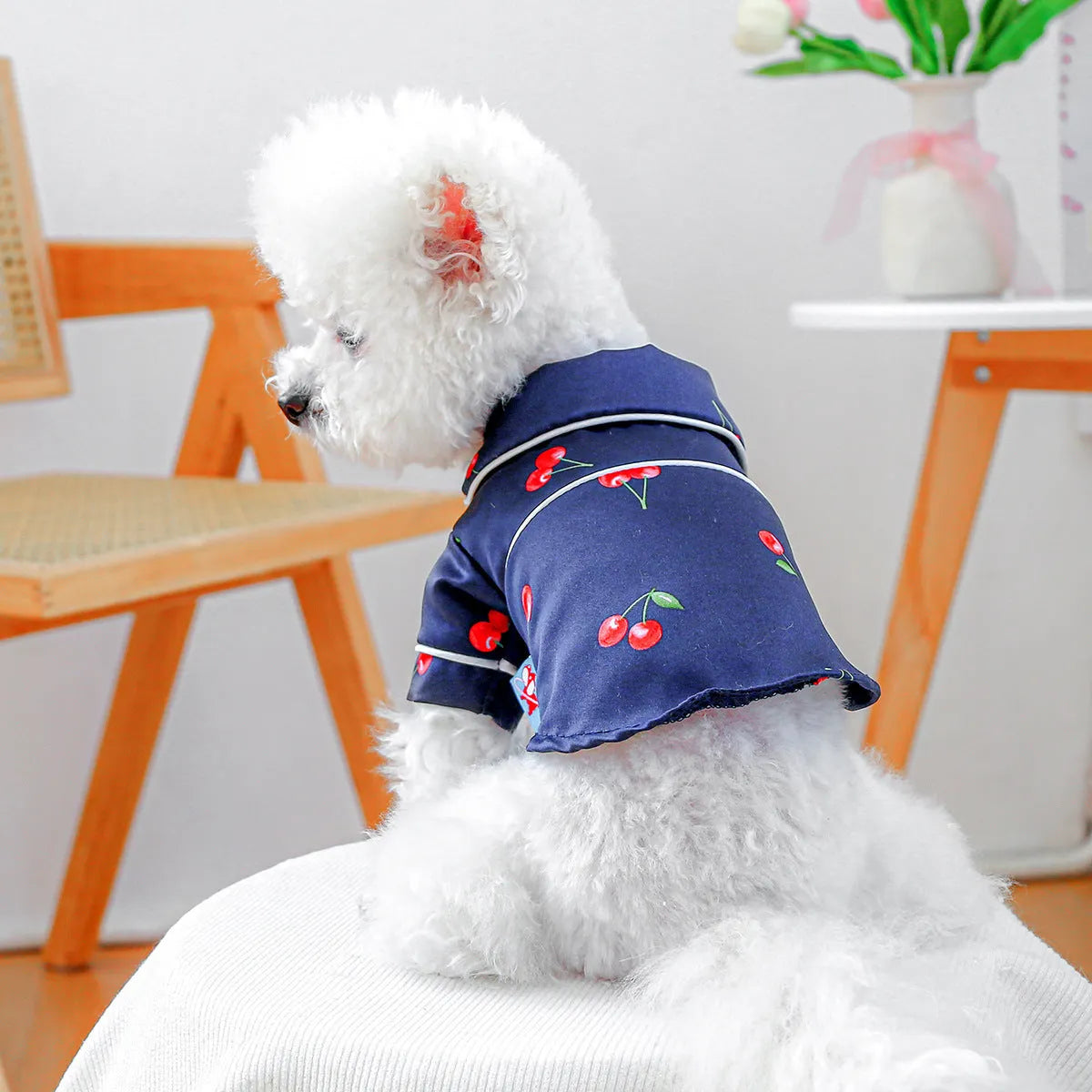 Pet pyjamas in cherry print, polyester small dog and puppy clothing in navy blue or white, sizes XS to 2L