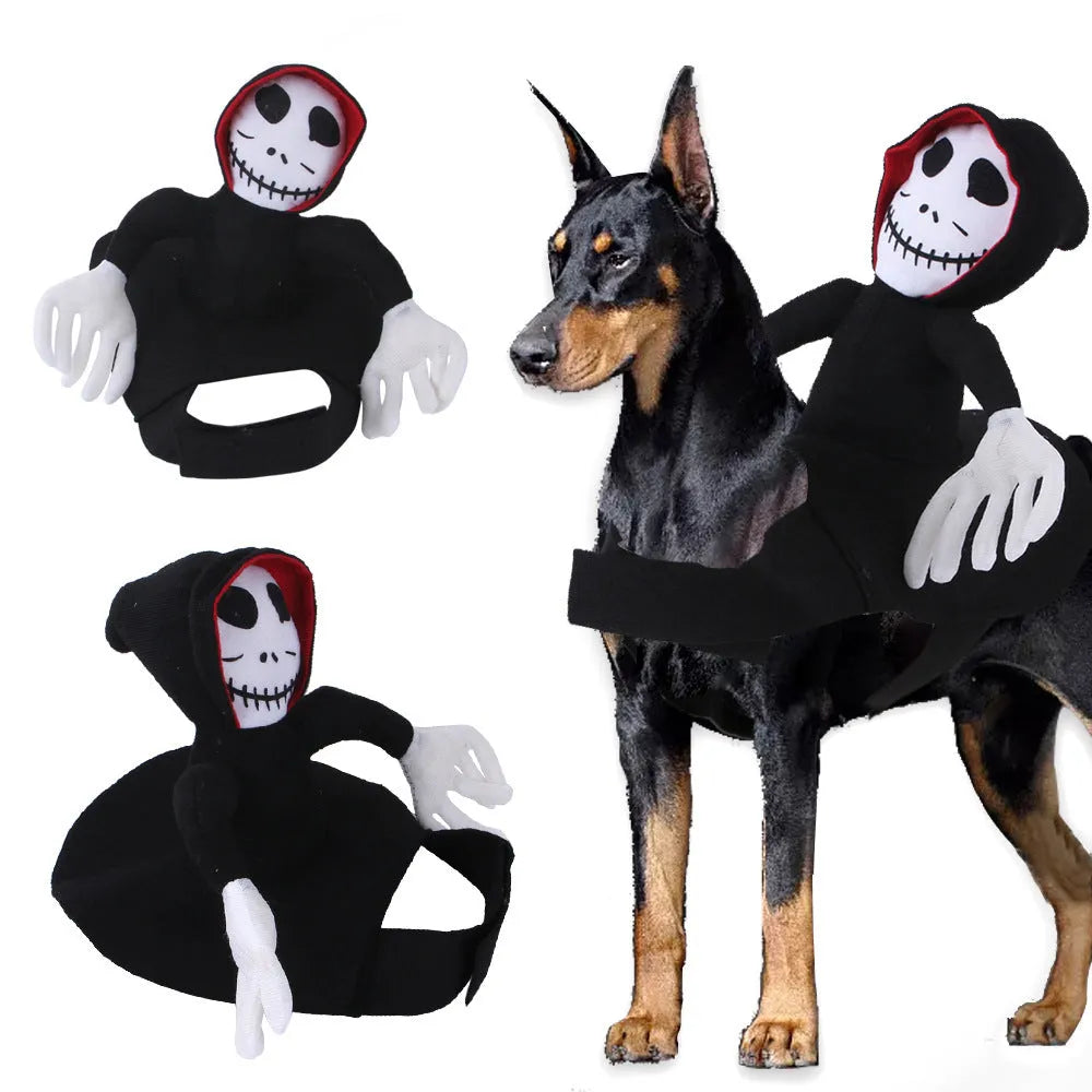 Goblin riding pet Halloween costume made from felt cloth with velcro straps in green colour on a cat or small dog.